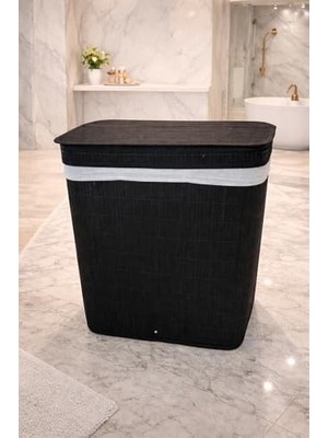 Mi-Ça Home Lüks Bambu 3 Bölmeli Çamaşır Kirli Sepeti 52X32X60CM Büyük Boy 100 Lt (Siyah)