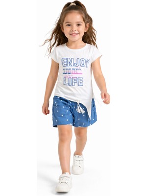 Cichild Kız Çocuk Alt-Üst Takım Baskılı Ekru T-Shirt ve Puanlı Mavi Şort