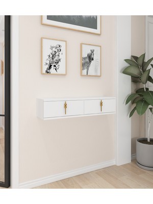 Feyza Design Şık Beyaz 90 cm Duvara Monte Kapaklı Raflı Dresuar Makyaj Masası