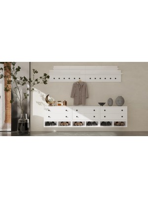 Feyza Design 6 Çekmeceli Modern Duvar Raflı Dresuar ve Askılık Hol Takımı