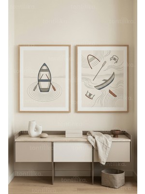 Tontilika Sakin Sular Tekne Manzarası 2’li Ahşap Çerçeveli Tablo Seti