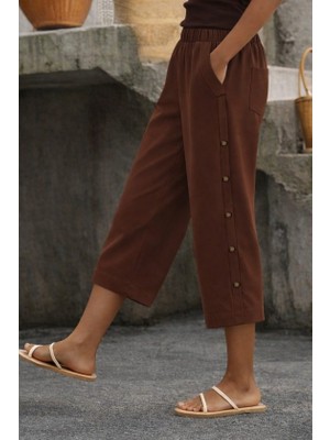 Pileli Store Kadın Yüksel Bel Lastikli Yandan Dügme Detaylı Midi Pantolon