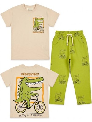 Zekalya Erkek Çocuk Takım Crocovibes Baskılı %100 Pamuk Tişört Pantolon - Yeşil