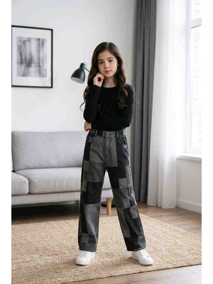 BBS Kız Çocuk Damalı Patchwork Desenli Geniş Paça Pamuklu Pantolon - Füme Siyah