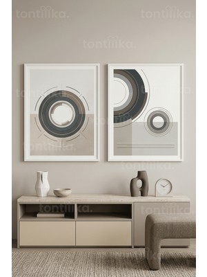 Tontilika Modern Geometrik Nötr Tonlarda Soyut Desenler 2’li Ahşap Çerçeveli Tablo Seti