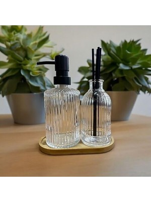 Mi-Ça Home Cam Sabunluk & Difüzör Seti – 2’li Zarif Cam Şişe, Bambu Taban, Modern Banyo & Ev Dekorasyonu