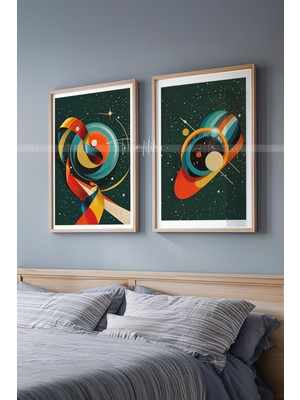 Tontilika Renkli Uzay Çizgileri Tasarımlı Ahşap Çerçeveli 2'li Tablo SETI-21X30