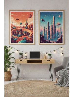 Tontilika Mars ve Gelecek Şehirleri 2’li Ahşap Çerçeveli Tablo Seti - Retro Fütüristik Dekor