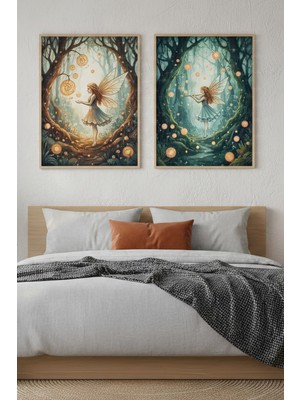 Tontilika Orman Perisi 2’li Ahşap Çerçeveli Tablo Seti - Fantastik Doğa Dekoru
