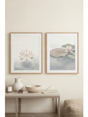Tontilika Lotus Çiçekleri ve Nilüfer Yaprakları 2’li Ahşap Çerçeveli Tablo Seti