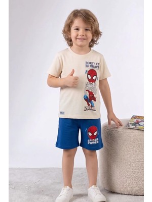 Eqru Store Örümcek Adam Baskılı Erkek Çocuk Krem Penye Tişört ve Saks Mavi Şortlu Takım