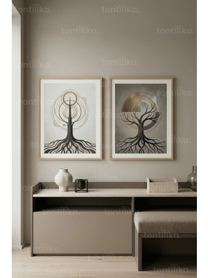 Tontilika Modern Soyut Ağaç ve Geometrik Desenler 2’li Ahşap Çerçeveli Tablo Seti