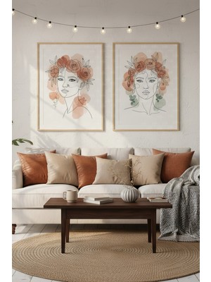 Tontilika Çiçekli Kadın Silüeti 2’li Ahşap Çerçeveli Tablo Seti - Minimalist Çizim Dekoru