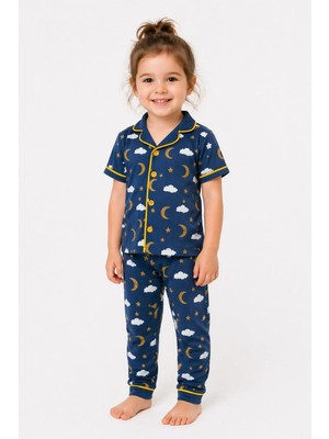 Dinamik çocuk Çocuk/bebek Unisex Parlak Ay Yıldız Bulut Desenli Kısa Kollu Pijama Takımı Yazlık 6-24AYLIK 3-6yaş