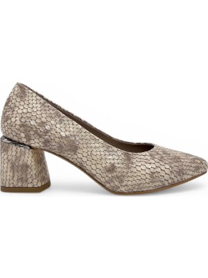 Vieris Bej Yılan Desenli Hakiki Deri Metal Topuk Detaylı Kadın Ayakkabı (060224)
