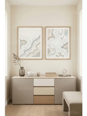 Tontilika Soyut Arazi Çizgileri Modern Uyum 2’li Ahşap Çerçeveli Tablo Seti