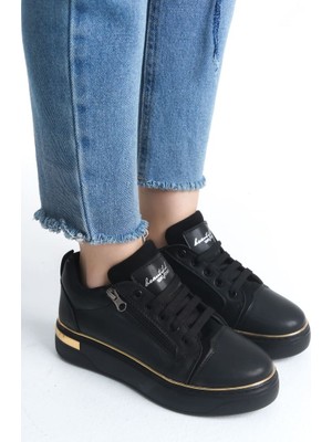 Dına Bağcıklı Fermuarlı Ortopedik Taban Kadın Sneaker Spor Ayakkabı  Cst - Siyah/altın