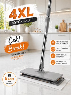 Nokka 32 cm Gri Otomatik Mop, Çok Amaçlı Kullanım için Çelik Malzeme ve 5 Bez Hediyeli