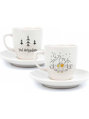 Mi-Ça Home Yol Arkadaşı Temalı 2 Kişilik 4 Parça Krem Türk Kahvesi Fincan Seti - Hediyelik Kahve Fincanı Seti