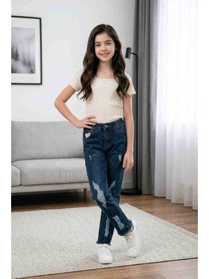 BBS Kız Çocuk Koyu Mavi Yırtık Detaylı Mom Jean Kot Pantolon - Taşlanmış Denim