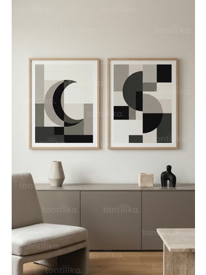Tontilika Minimalist Geometrik Formlar ve Ay Motifli 2’li Ahşap Çerçeveli Tablo Seti