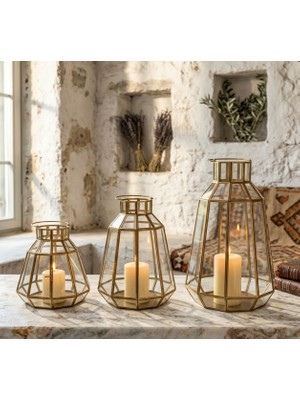 Dekoratif Gold Metal 3'lü Fener Seti Mumluk Seti Anneler Günü Hediyesi Dekoratif Mumluk