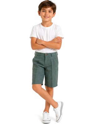 Kids Wear Erkek Çocuk Fermuar Kapamalı Cepli Yeşil Renk Kumaş Şort