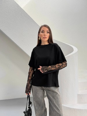Minnoş Siyah Güpür Kollu Bluz