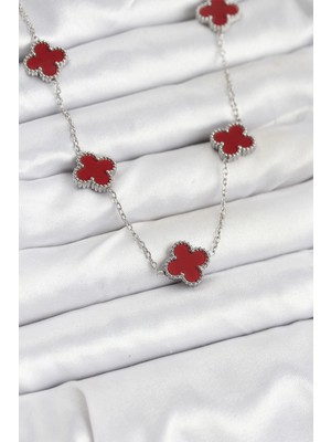 Uravas Store Çelik Zincir Gümüş Renk Bordo Renk Yonca Kadın Kolye