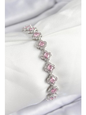 Uravas Store Pirinç Zirkon Taşlı Pembe Yonca Baget Model Gümüş Renk Vip Seri Kadın Bileklik - TJ-BB7505