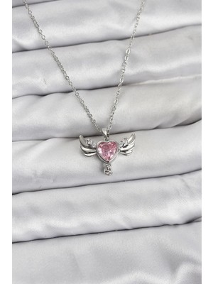 Uravas Store Çelik Zincir Gümüş Renk Kanatlı Model Zirkon Taşlı Kadın Kolye