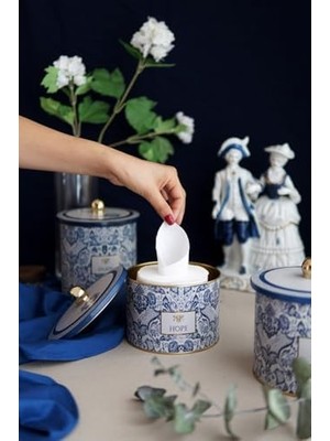 Daisy Home Evle-Azulejos Desenli Yuvarlak Metal Saklama Kabı 14 Cm, Erzak Kabı - Organizer Kutu 17,5 cm x 13 cm (Azulejos Hello)