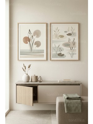 Tontilika Modern Nilüfer ve Sazlık Temalı 2’li Ahşap Çerçeveli Tablo Seti
