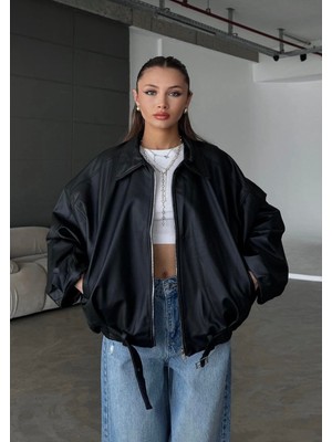 Rowsmen Kadın Oversize Deri Ceket– Oversize Relax Fit, Fermuarlı Kemer Detaylı Günlük Kadın Ceket