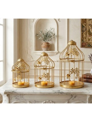 Dekoratif Gold Metal 3'lü Kafes Mumluk Seti Dekoratif Mumluk Hediyelik Mumluk Anneler Günü Hediyesi