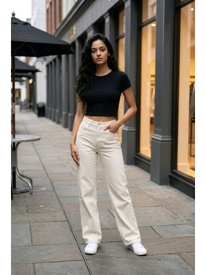 Hies Bol Paça Palazzo Likralı Kadın Jeans Krem Pantolon - Yeni Sezon