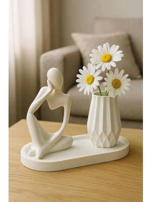 Daisy Home Modern Heykel ve Vazo Seti – 3 Parça Minimalist Dekor – Oturan Insan Figürü & Geometrik Vazo