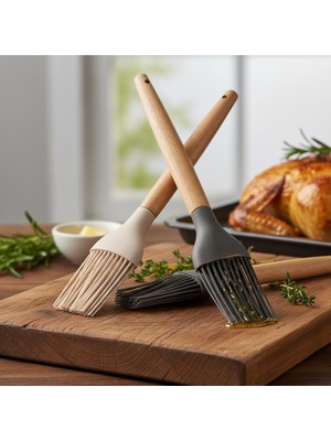 Daisy Home Bambu Saplı Silikon Fırça, Bambu Uzun Silikon Yağ ve Yumurta Fırçası 27CM 3 Renk Seçenekli (Krem)