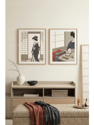 Tontilika Japon Estetiği Geyşa Figürleri 2’li Ahşap Çerçeveli Tablo Seti