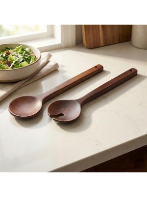Daisy Home Amberhaus Akasya Naturel Ahşap 2’li Salata Kaşığı Seti | Dayanıklı ve Ergonomik Servis Kaşıkları | 27.5 cm | Doğal Ahşap Sofra Takımı