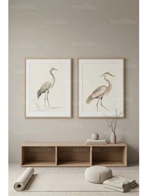 Tontilika Minimalist Soyut Kuş Figürleri 2’li Ahşap Çerçeveli Tablo Seti