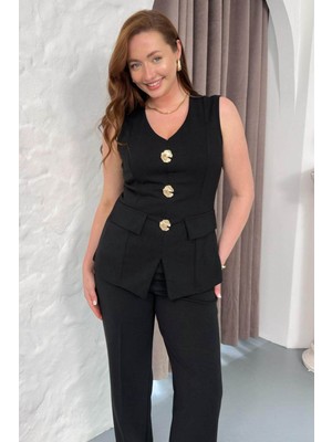 Zishan Fashion Siyah Krep Gold Düğmeli Yelekli Takım Elbise - Abiye Yelek ve Pantolon - 029Y