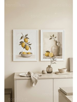 Tontilika Limon Temalı Natürmort 2’li Ahşap Çerçeveli Tablo Seti