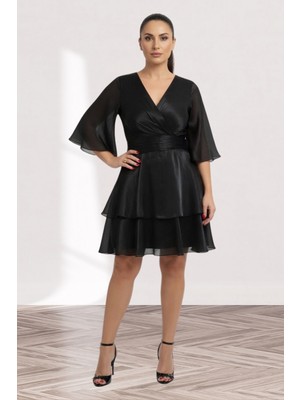 Zishan Fashion Siyah Şifon Volanlı Mini Elbise | Kat Kat Fırfırlı Kruvaze Yaka Dökümlü Şifon Elbise 2757