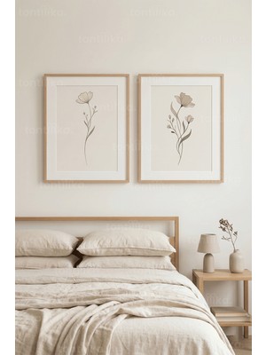 Tontilika Sakin Minimalist Çiçek Çizimleri 2’li Ahşap Çerçeveli Tablo Seti