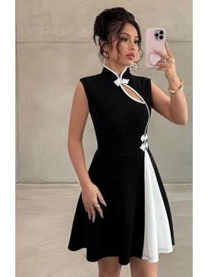 MetuCa Kadın Siyah Çin Yakalı Kloş Etekli Pinterest Dalgıç Kumaş Mini Abiye Elbise