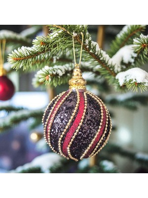Daisy Home Lüks Yılbaşı Topu 8cm Altın Boncuk Şeritli Işıltılı Payetli Siyah - Bordo Çam Ağacı Süsü 3lü