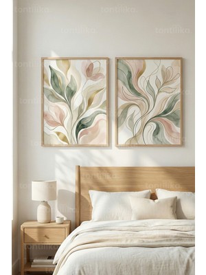 Tontilika Yumuşak Renkli Botanik Formlar 2’li Ahşap Çerçeveli Tablo Seti