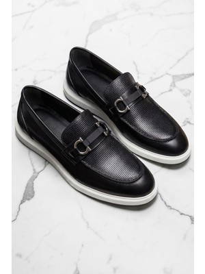 Zueofficial Erkek Siyah Hakiki Deri Loafer Ayakkabı – Metal Tokalı, Kalın Taban, Günlük & Şık Kombin
