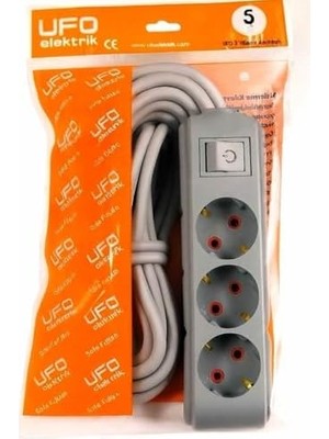 Daisy Home Ufo 3lü Anahtarlı Grup Priz 5 Metre 16A 250V, Üçlü Topraklı Uzatma Kablosu 5 Metre Gri Renk
